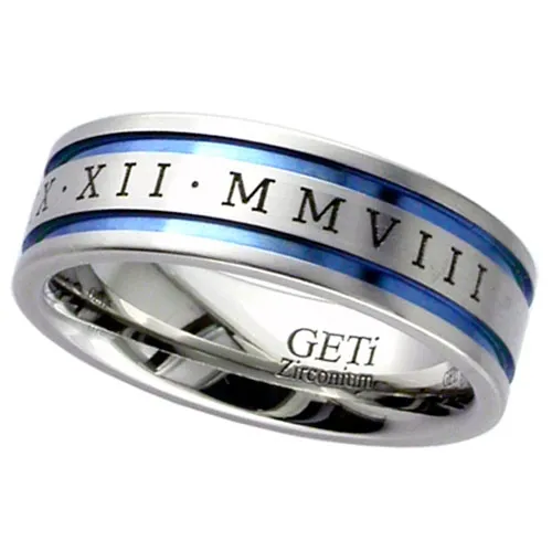 Zirconium Ring with External Laser Engraved Roman Numeral Date